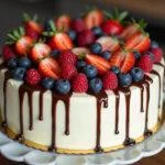 Fertiger Kuchen mit veganer weißer Schokolade, dekoriert mit frischen Früchten und Schokoladensoße.