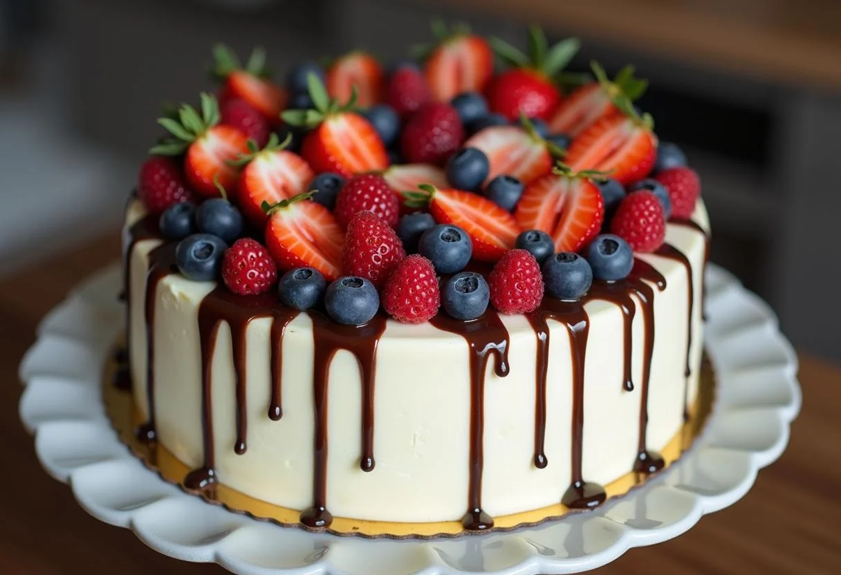 Fertiger Kuchen mit veganer weißer Schokolade, dekoriert mit frischen Früchten und Schokoladensoße.