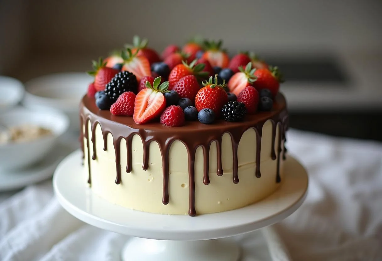 Fertiger Kuchen mit veganer weißer Schokolade, dekoriert mit frischen Früchten und Schokoladensoße.