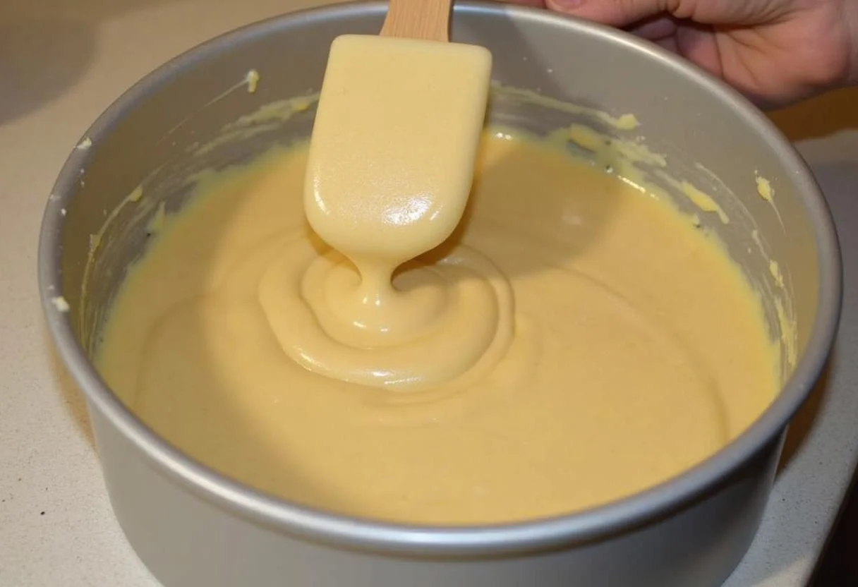 Kuchenmischung wird in eine Springform gegossen, bereit zum Backen mit weißer Schokolade.