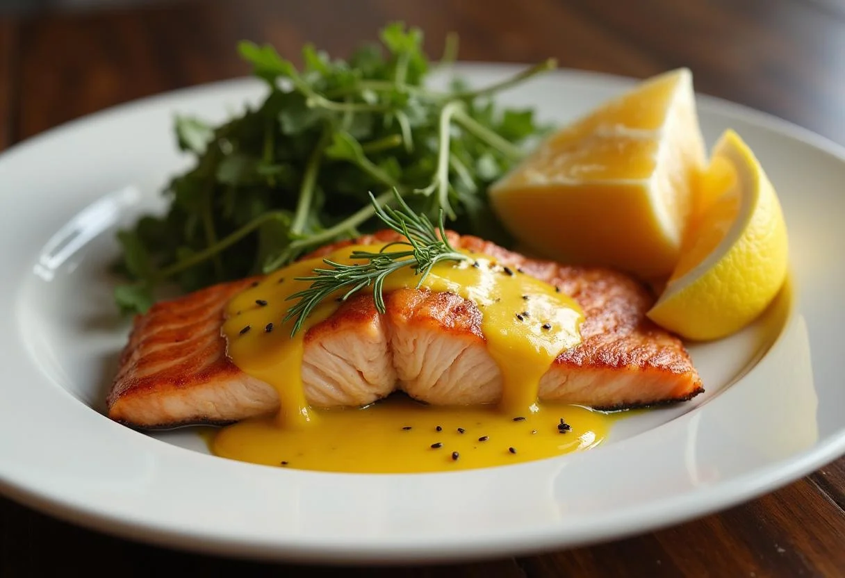 Fertiges Gericht: Gegrillter Lachs mit leckerer Sauce für Lachs, perfekt angerichtet.