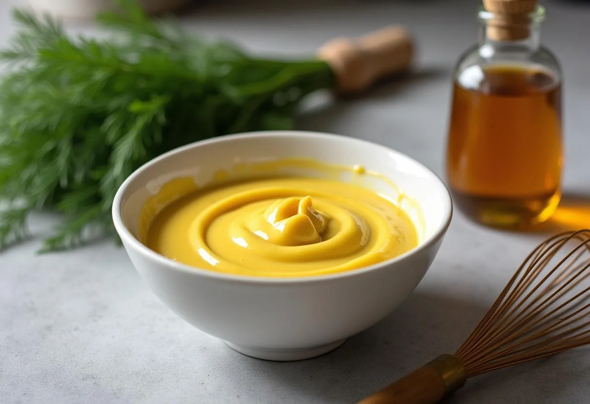 Zutaten für die Sauce für Lachs: Dijon Senf, frischer Dill und Honig in einer Schüssel.