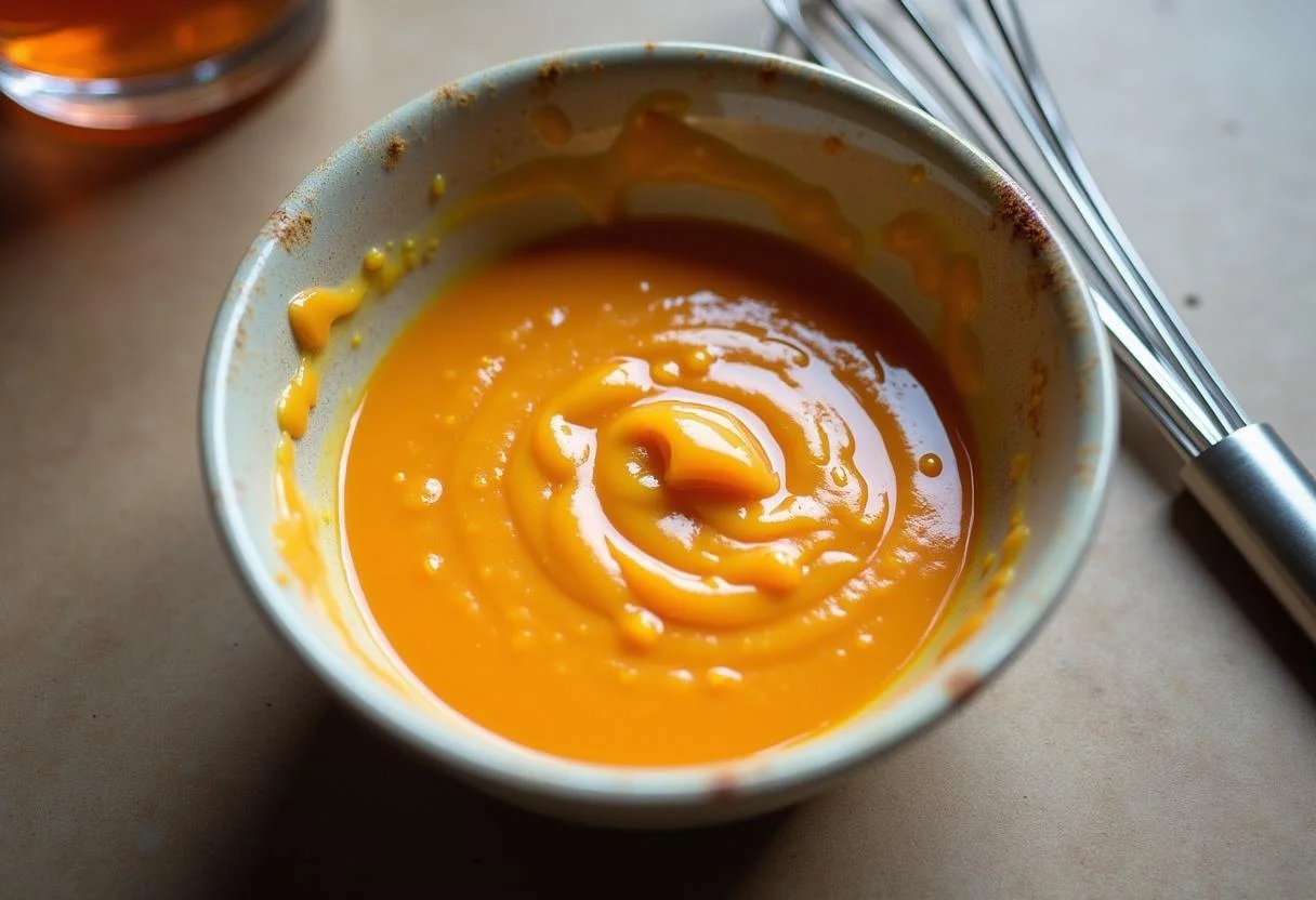 Cremige Senf-Honig-Sauce für Lachs, bereit zum Servieren.