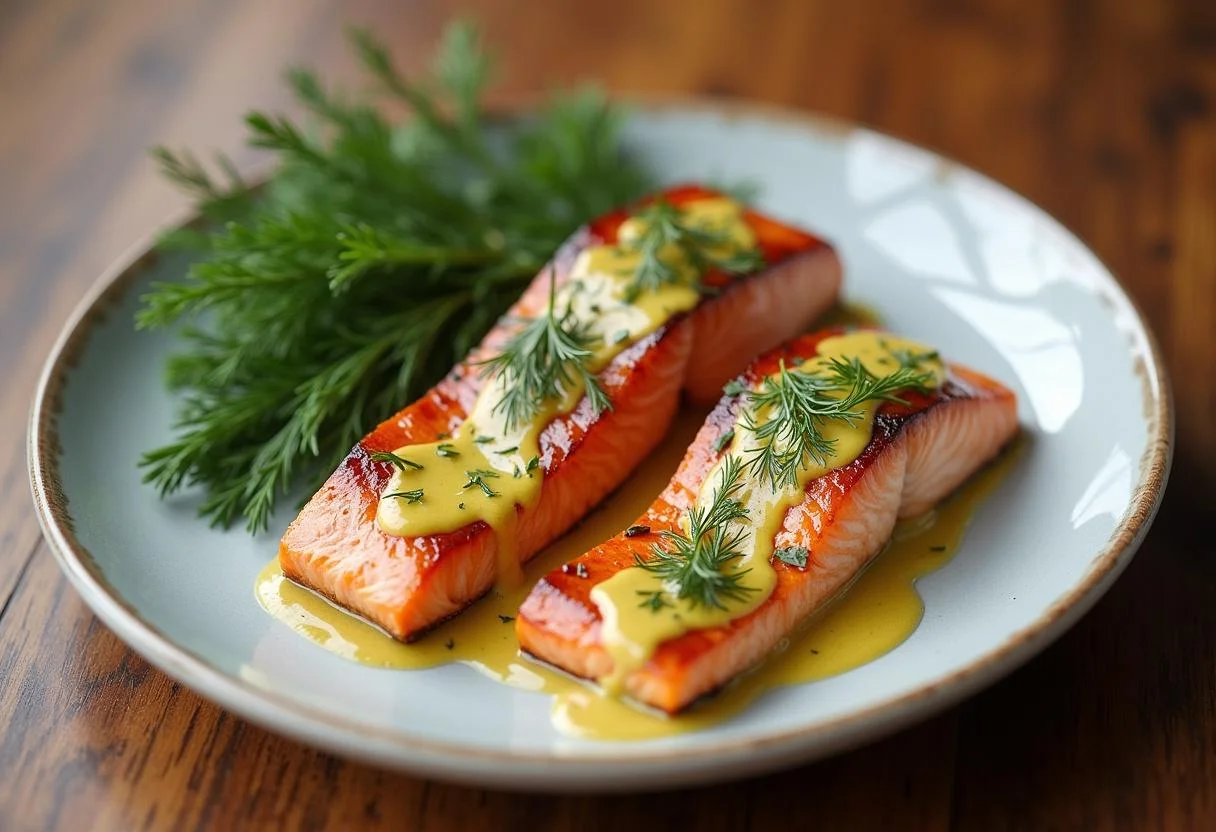 Gegrillter Lachs mit Sauce zum Lachs, dekoriert mit frischem Dill.