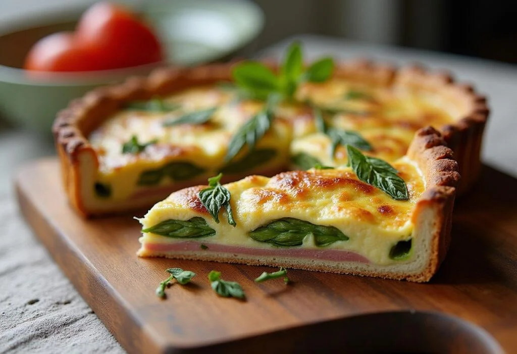 Perfekt gebackene Spargel Quiche mit Schinken auf einem Brett serviert, ideal für Frühlingsessen.