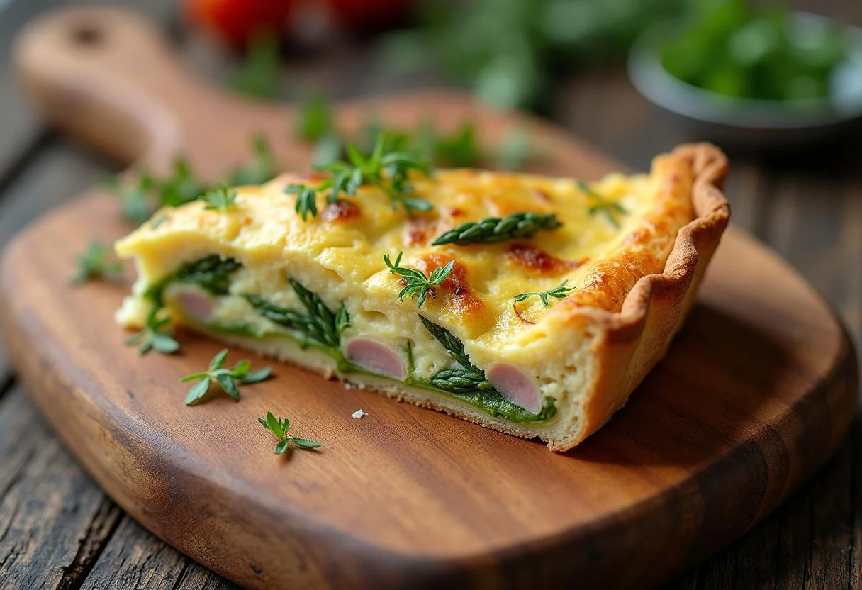 Perfekt gebackene Spargel Quiche mit Schinken auf einem Brett serviert, ideal für Frühlingsessen.