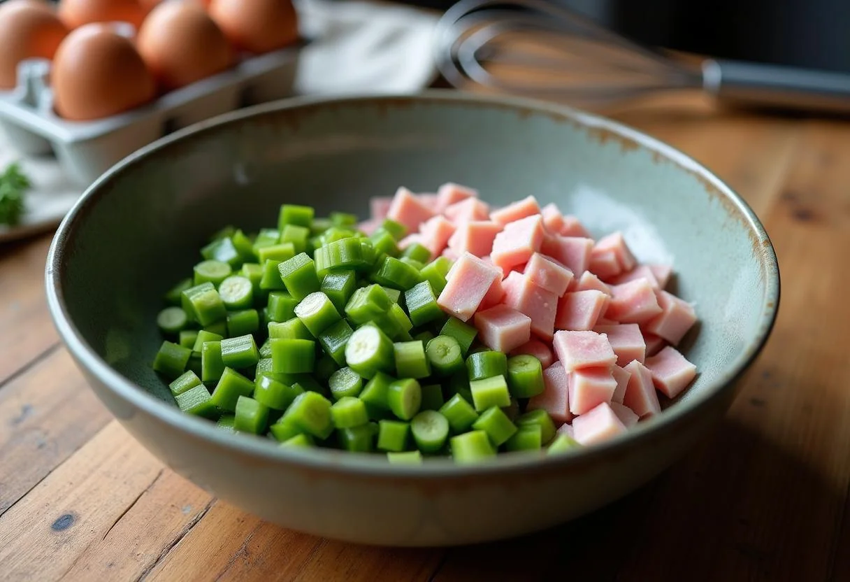 Zutaten für die Spargel Quiche: frischer grüner Spargel und Schinken vorbereitet im Rezept.