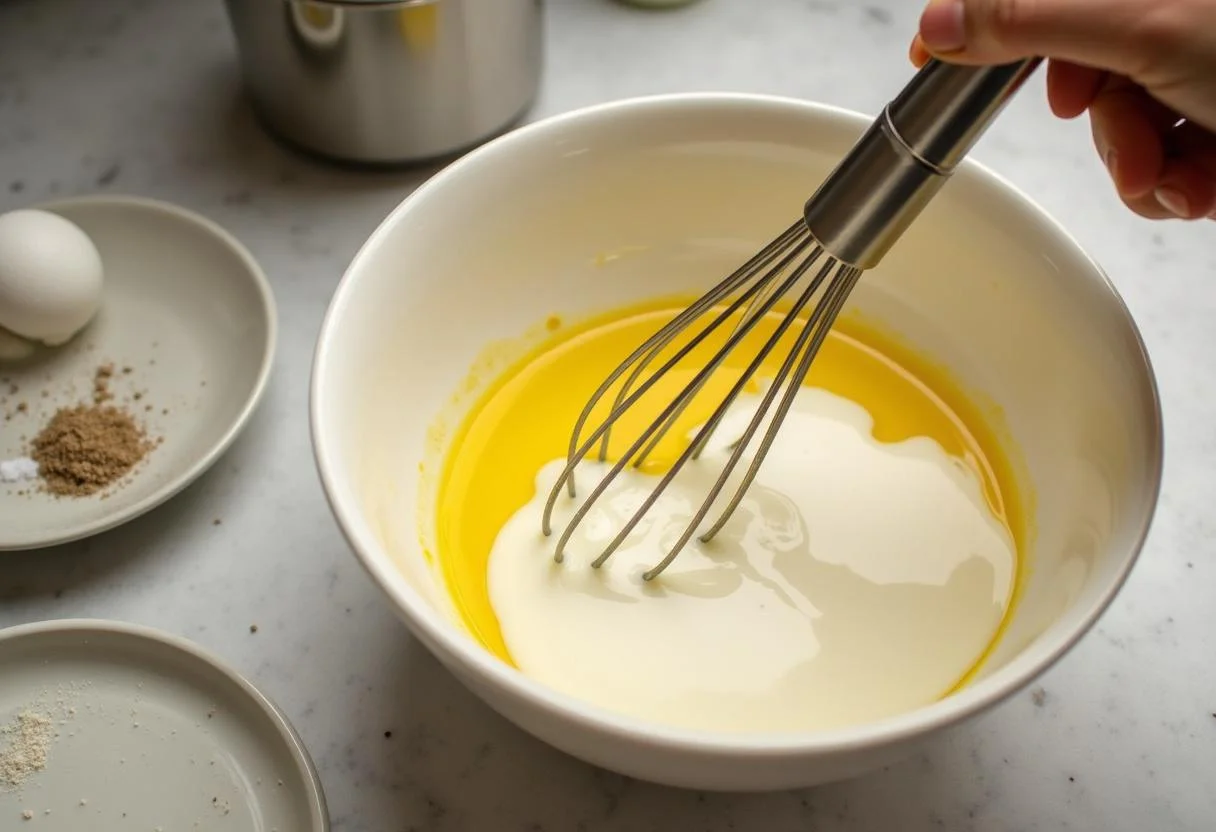 Eier und Sahne werden für die Spargel Quiche gemischt, bereit zum Hinzufügen zur Füllung.