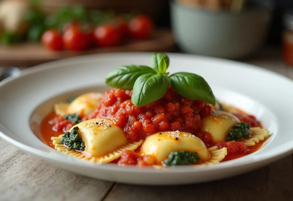 Fertige Ravioli mit Spinat Ricotta Füllung, serviert mit Tomatensauce und frischem Basilikum.