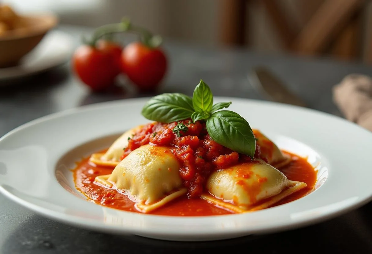 Fertige Ravioli mit Spinat Ricotta Füllung, serviert mit Tomatensauce und frischem Basilikum.