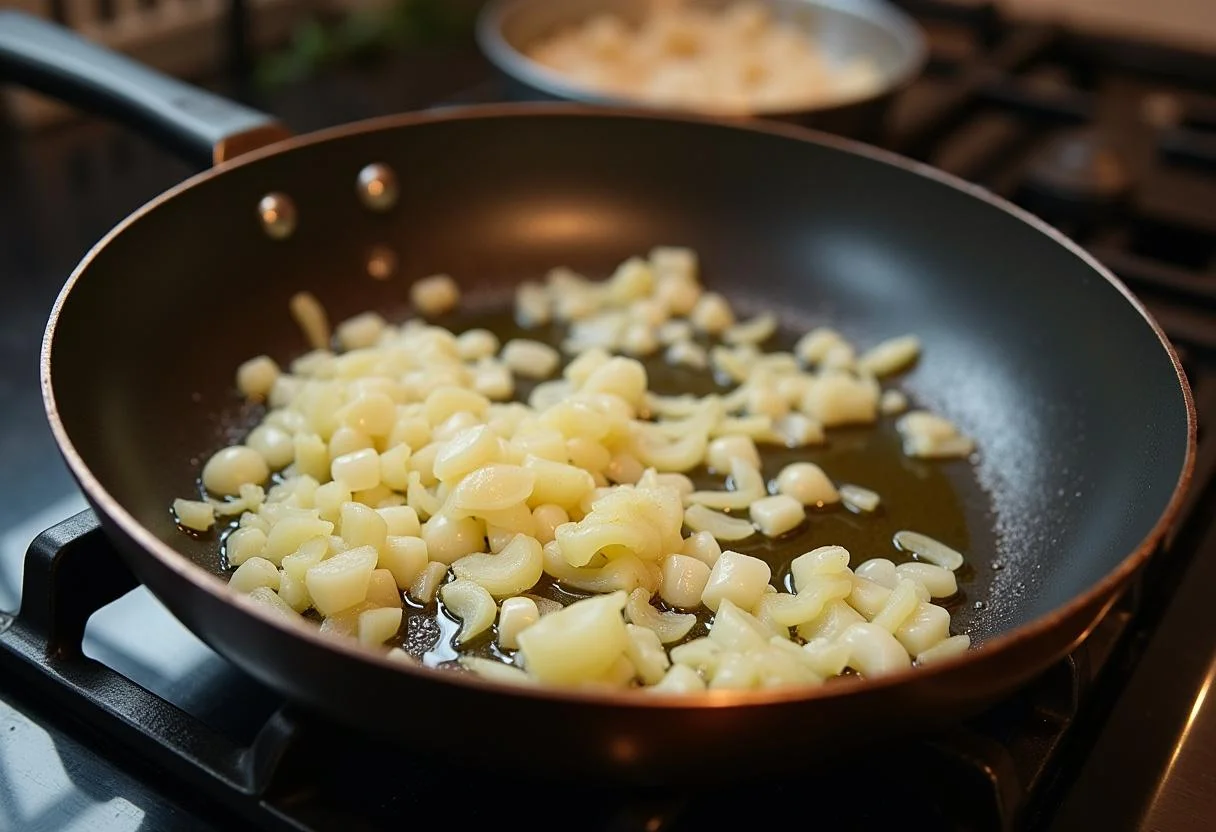 Zwiebeln und Knoblauch, die in einer Pfanne für die Spinat Ricotta Füllung angebraten werden.