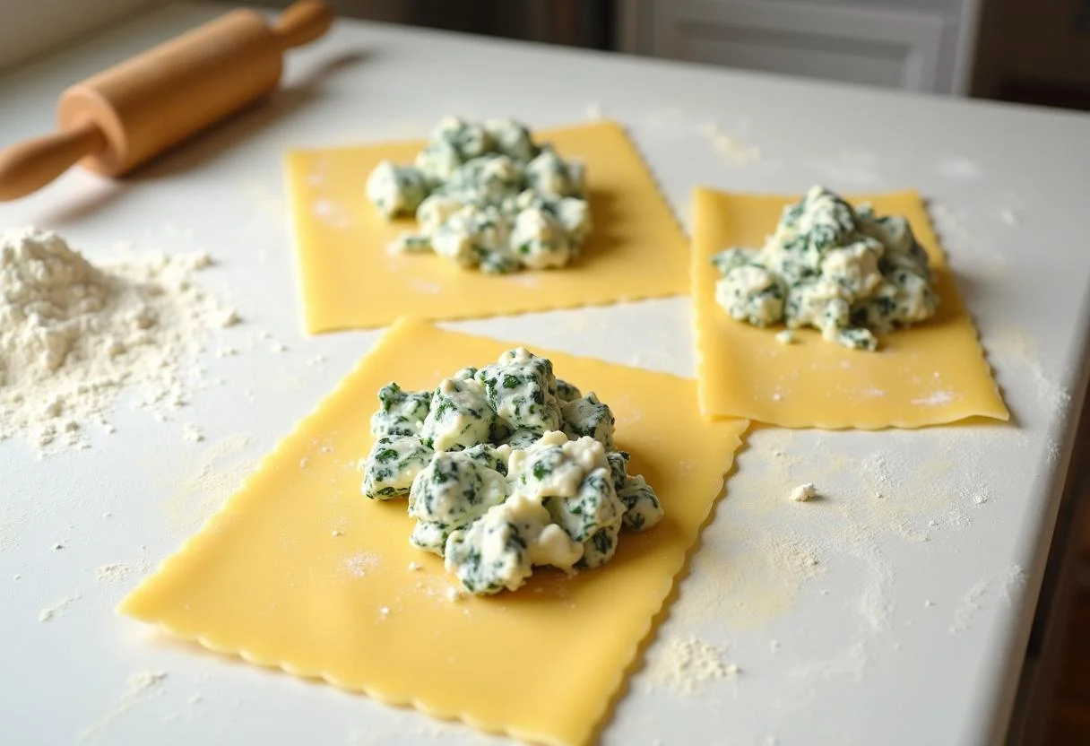 Frische Pastateigblätter, die mit Spinat Ricotta Füllung für Ravioli vorbereitet werden.