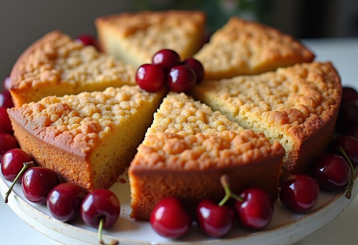 Fertiger kirsch streuselkuchen mit pudding, goldbraun gebacken und auf einem Kuchenständer präsentiert.