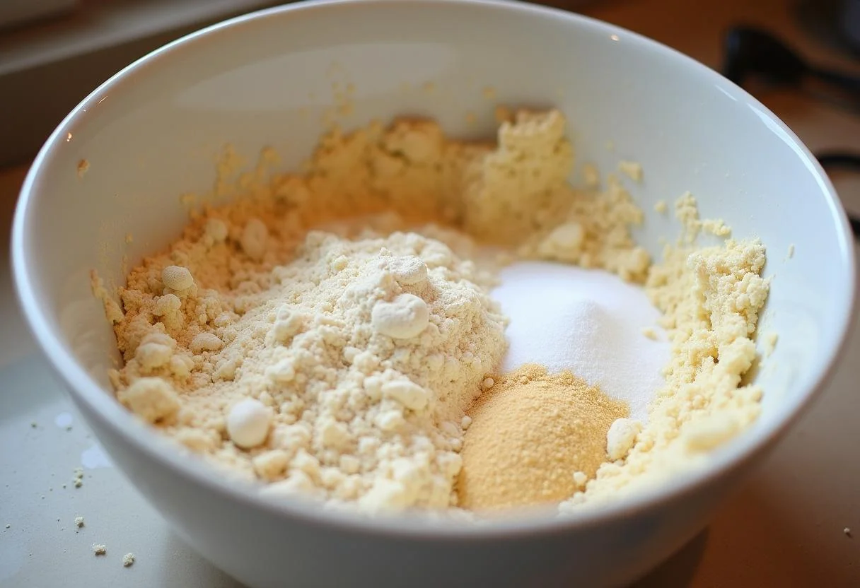 Zutaten für den Hefeteig für kirsch streuselkuchen mit pudding auf der Küchentheke vorbereitet.