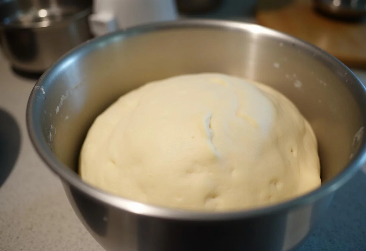 Gehobener Hefeteig für kirsch streuselkuchen mit pudding, der auf der Arbeitsfläche steht.