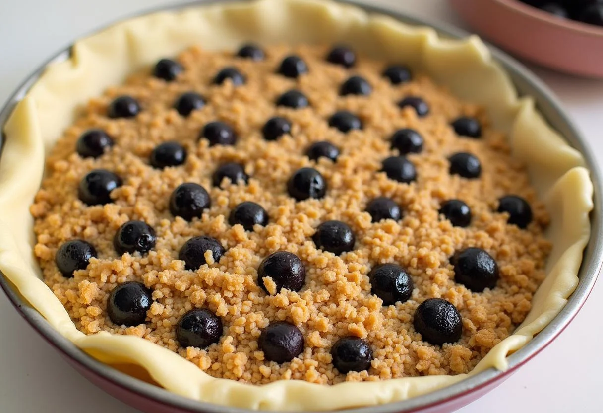 Dunkle Kirschen gleichmäßig auf dem Hefeteig für kirsch streuselkuchen mit pudding verteilt.