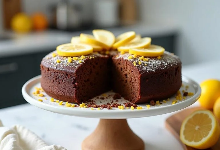 Finished veganer kuchen with chocolate, lemon, and apple, ready to enjoy.