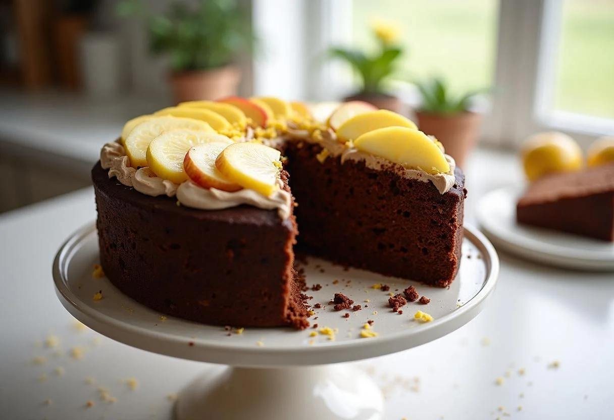 Finished veganer kuchen with chocolate, lemon, and apple, ready to enjoy.