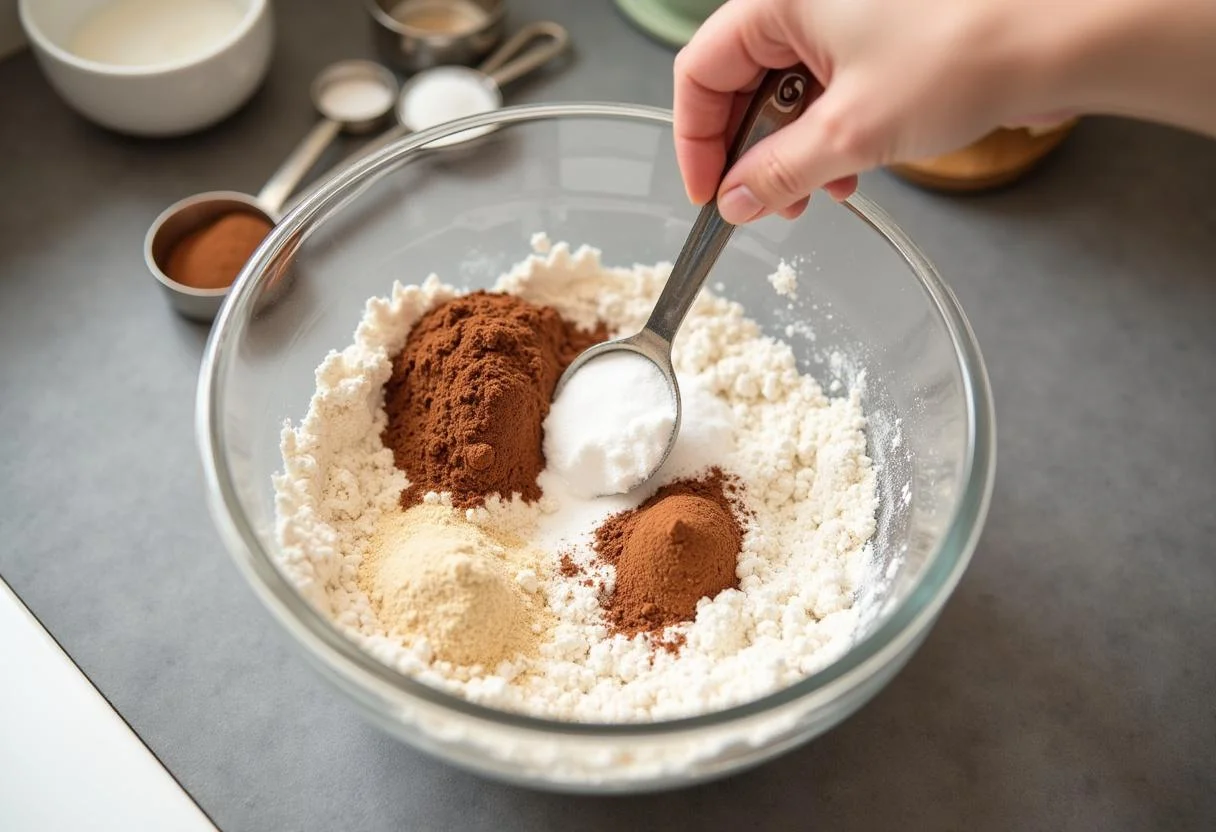 Sifting dry ingredients for schneller veganer kuchen, including flour, cocoa powder, and sugar.