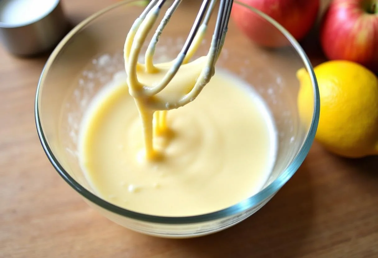 Whisking wet ingredients for glutenfreien veganer kuchen, including applesauce and lemon juice.