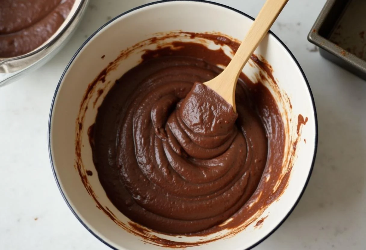 Combining wet and dry ingredients for einfacher veganer kuchen, creating a smooth batter.