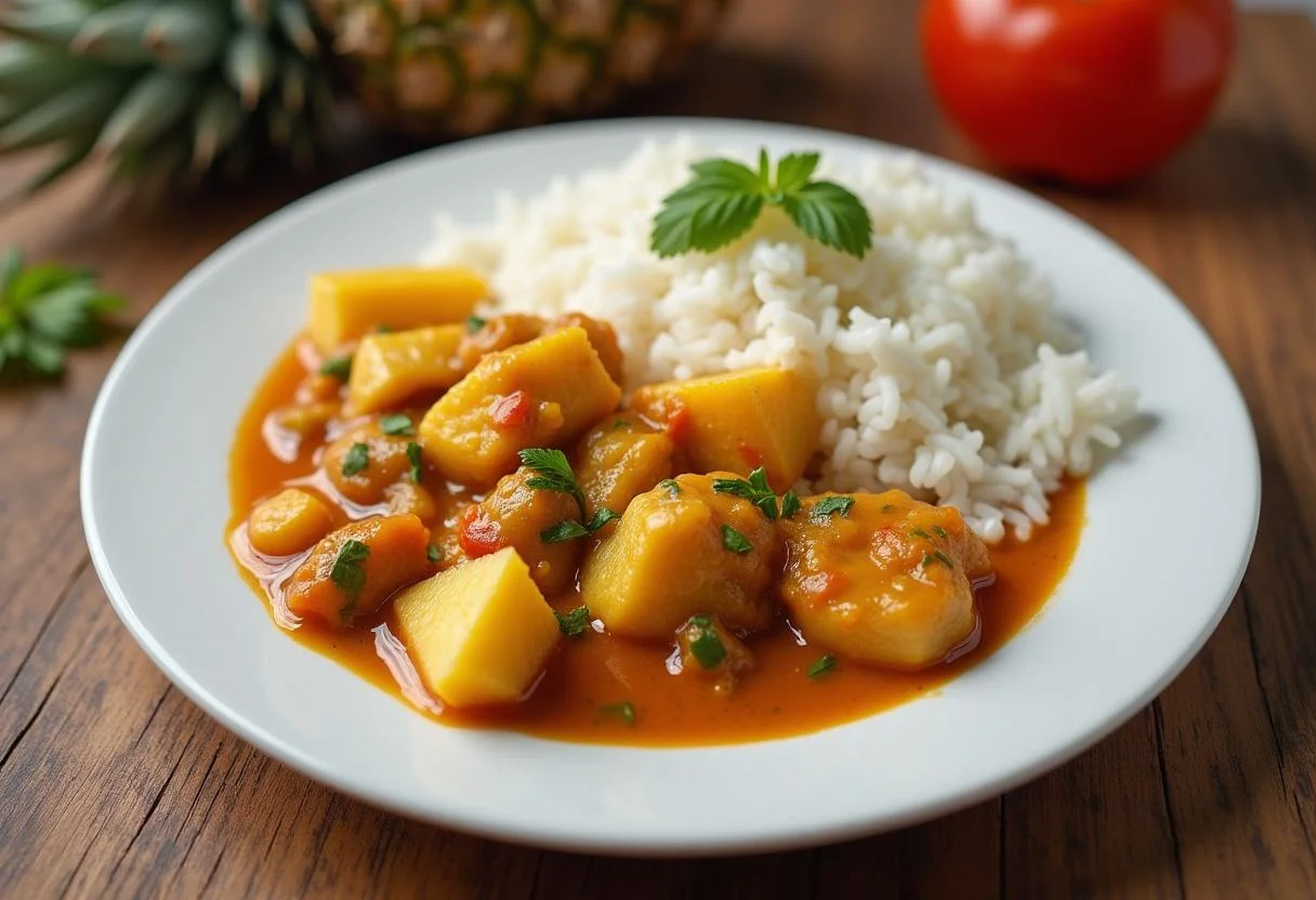 Finished lecker Curry Hähnchen mit Kokosmilch Reis, a perfect blend of flavors for a delightful meal.