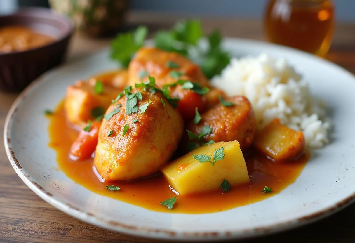 Fertiges lecker Curry Hähnchen mit Kokosmilch Reis, eine perfekte Mischung aus Aromen für eine köstliche Mahlzeit.