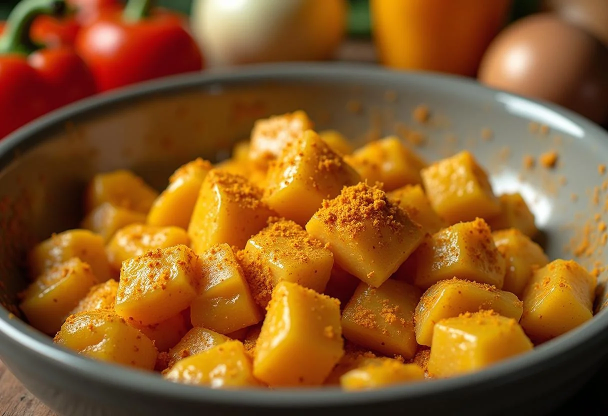 Gewürfelte Hähnchenbrust mit Currypulver gewürzt zur Vorbereitung von lecker Curry Hähnchen mit Kokosmilch Reis.