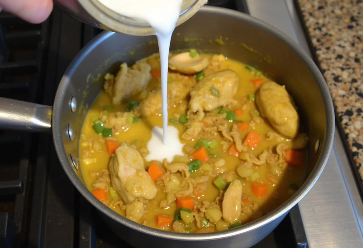 Kokosmilch wird zu angebratenem Hähnchen und Gemüse für leckeres Curry Hähnchen mit Kokosmilch Reis hinzugefügt.