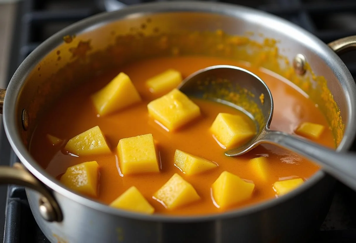 Ananasstücke kochen in Currysoße für Ananas Curry Hähnchen Gericht.