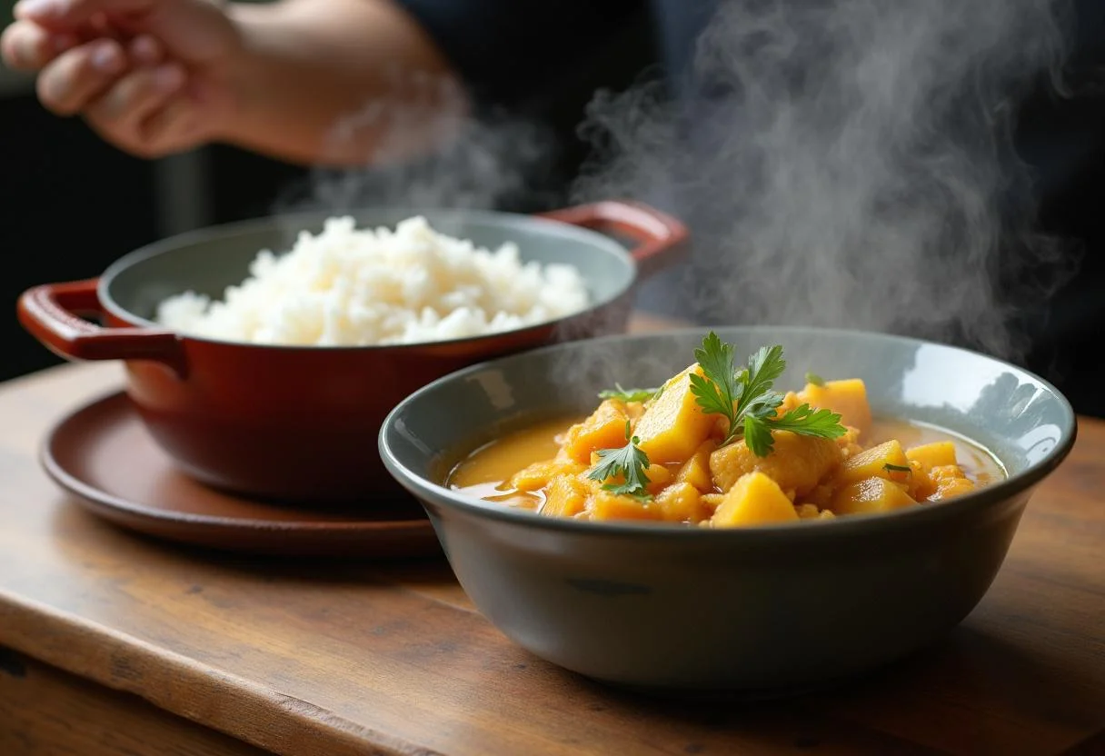 Teller mit Reis neben einer Schüssel mit köstlichem Curry Hähnchen Ananas, bereit zum Genießen.