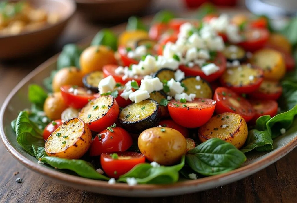 Fertiges Ofengemüse mit kartoffeln und Feta, perfekt für jedes Abendessen.