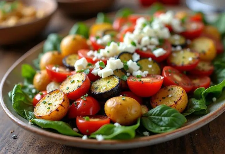 Fertiges Ofengemüse mit kartoffeln und Feta, perfekt für jedes Abendessen.