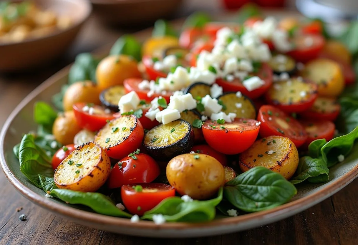 Fertiges Ofengemüse mit kartoffeln und Feta, perfekt für jedes Abendessen.