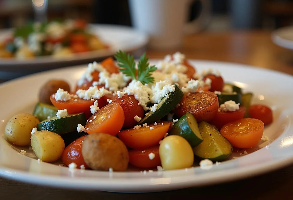 Fertiges Ofengemüse mit kartoffeln und Feta, perfekt für jedes Abendessen.