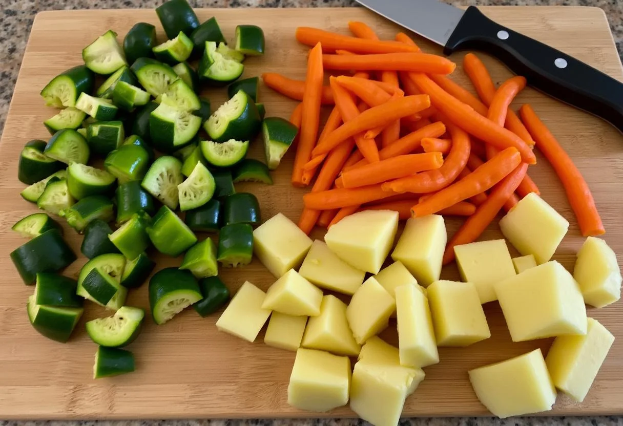 Bunte Auswahl an Gemüse und Kartoffeln für ofengemüse mit kartoffeln Rezept.