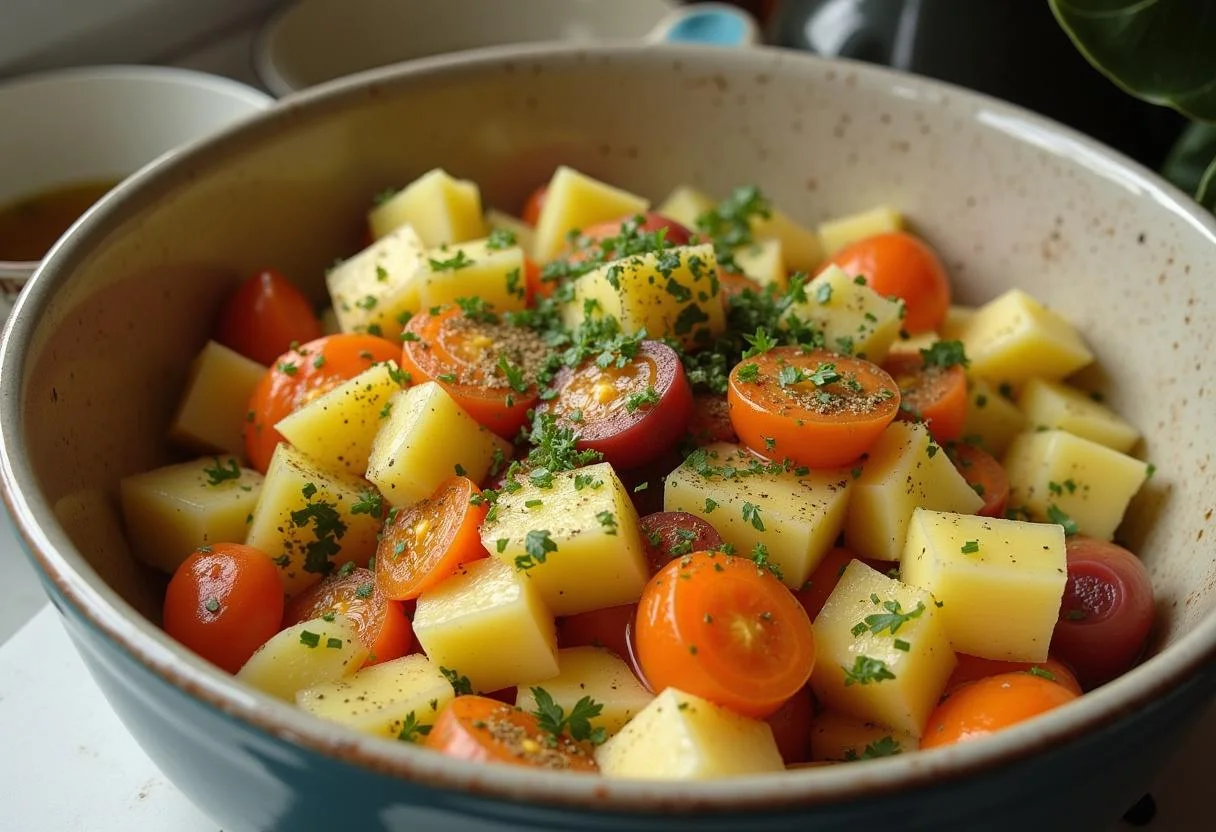 Gemüse und Kartoffeln in einer Schüssel für rezept ofengemüse mit kartoffeln.
