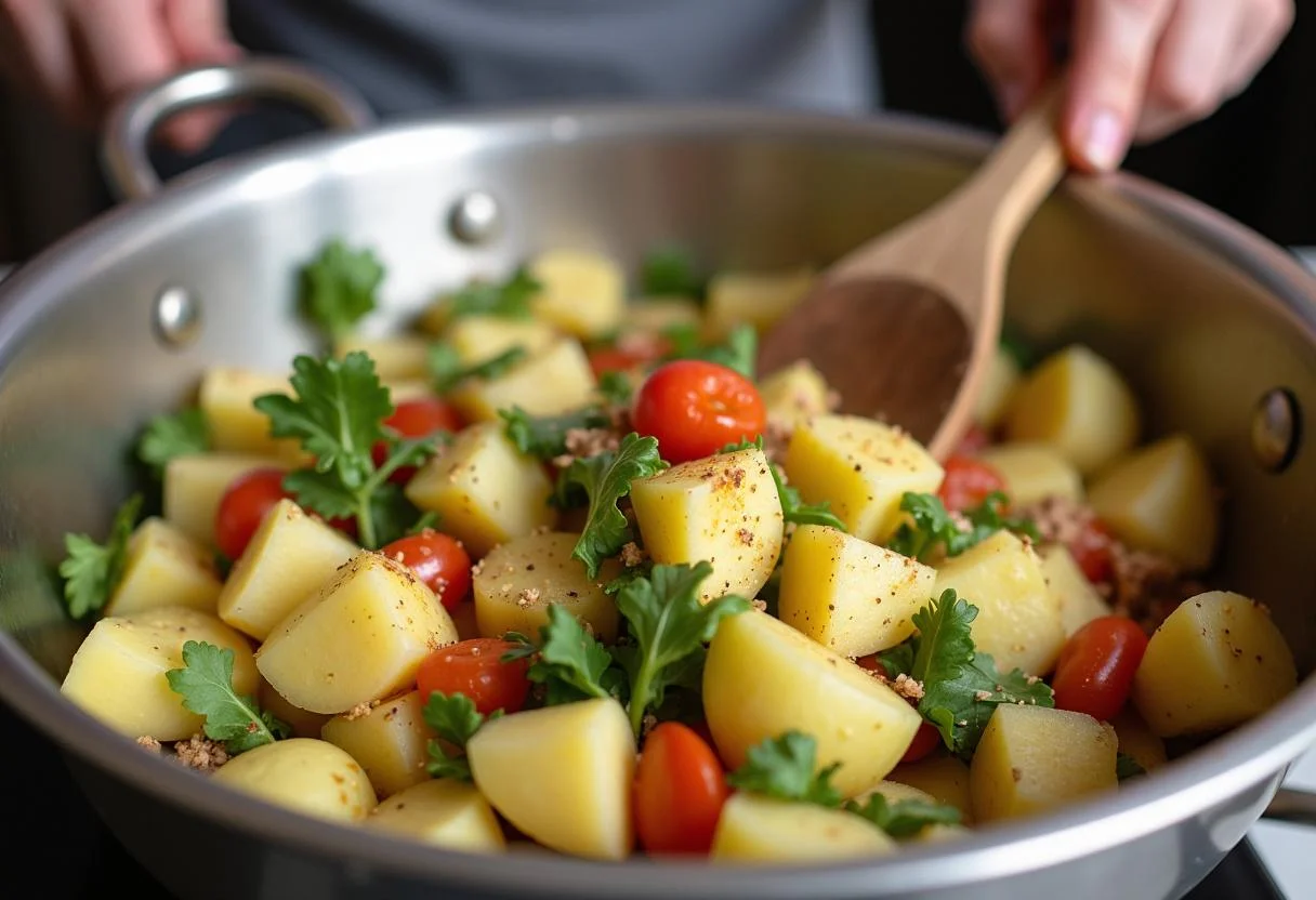 Die Mischung aus ofengemüse kartoffeln wird gut verrührt, um gleichmäßige Würze zu gewährleisten.