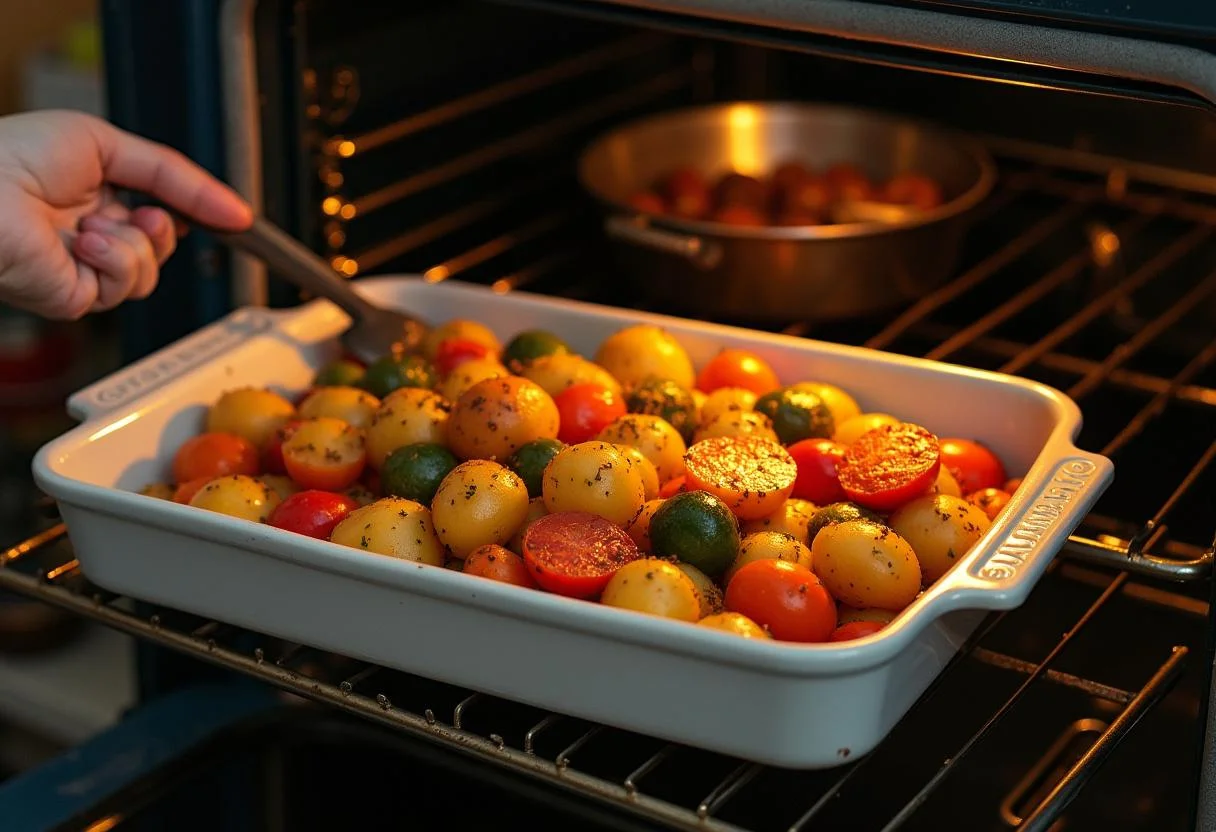Das Ofengemüse mit kartoffeln wird auf ein Backblech gelegt und in den Ofen geschoben.
