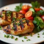 Hähnchen gegart mit joghurt marinade, serviert mit frischen Kräutern und buntem Gemüse.