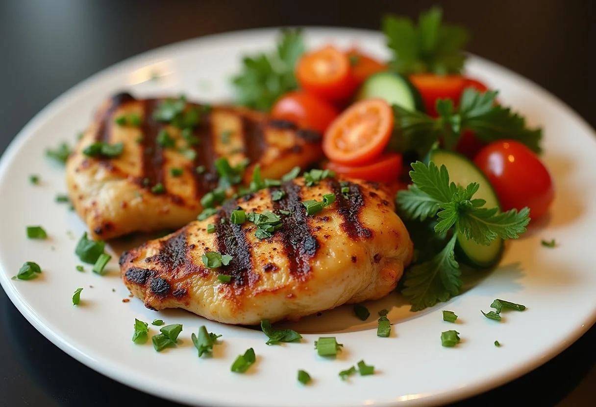 Hähnchen gegart mit joghurt marinade, serviert mit frischen Kräutern und buntem Gemüse.