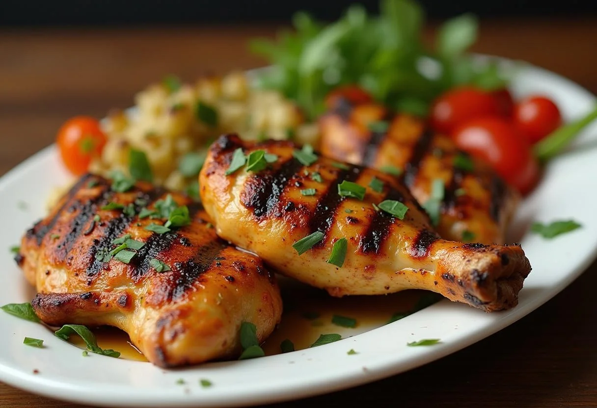 Hähnchen gegart mit joghurt marinade, serviert mit frischen Kräutern und buntem Gemüse.