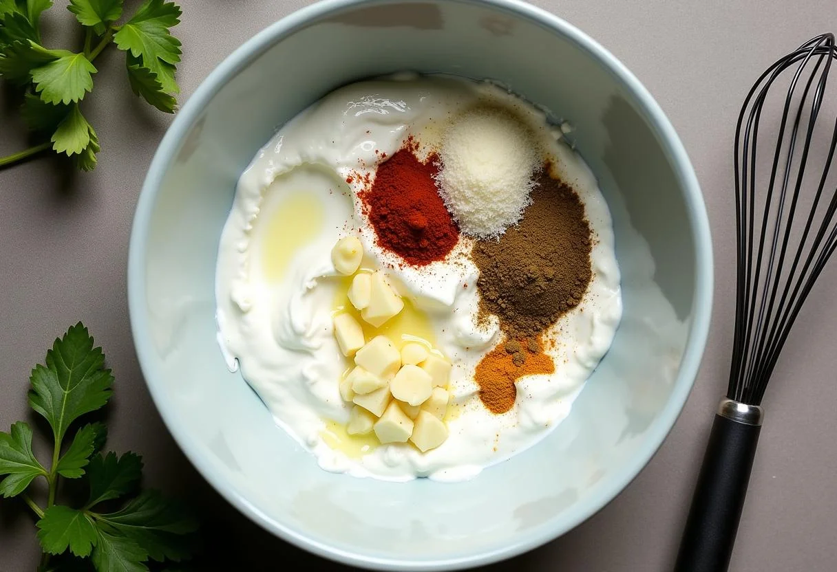 Zutaten für die hähnchen marinade joghurt in einer Schüssel, bereit zur Zubereitung.