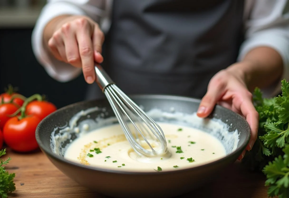 Ein Koch, der die hähnchen marinade mit joghurt in der Mischschüssel anrührt.