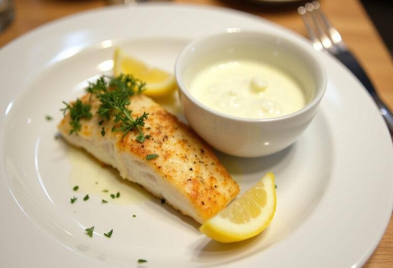 Fertige Sauce für Fisch mit Zitrone und Dill serviert mit einem gebratenen Fischfilet.