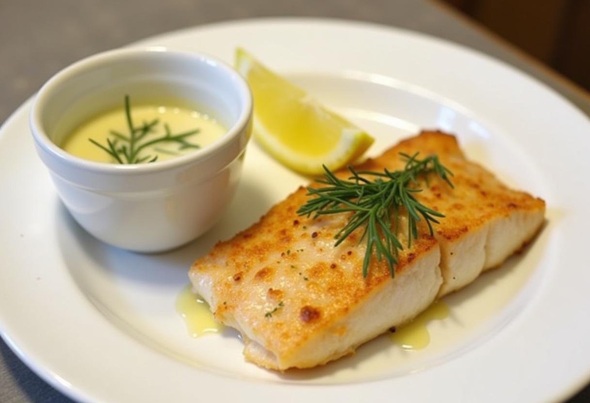 Fertige Sauce für Fisch mit Zitrone und Dill serviert mit einem gebratenen Fischfilet.