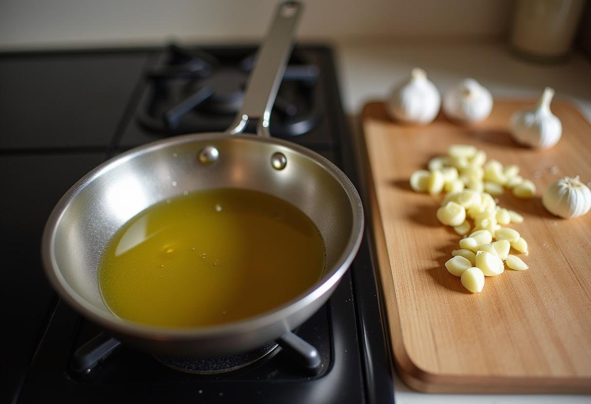 Olivenöl wird erhitzt in einem Topf für die schnelle Sauce zu Fisch mit frischem Knoblauch.