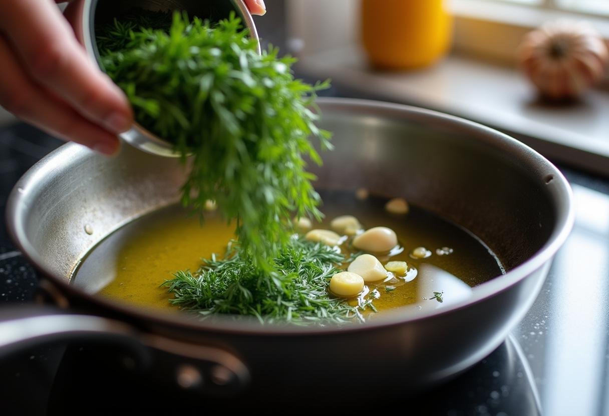 Frischer Dill wird in die Sauce zum Fisch in einem heißen Topf hinzugefügt.
