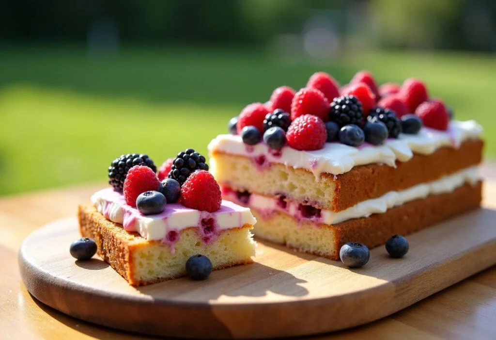 Fertiger leichter Kuchen mit Beeren Joghurt, ideal für den Sommer auf einem schönen Tisch.