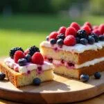 Fertiger leichter Kuchen mit Beeren Joghurt, ideal für den Sommer auf einem schönen Tisch.